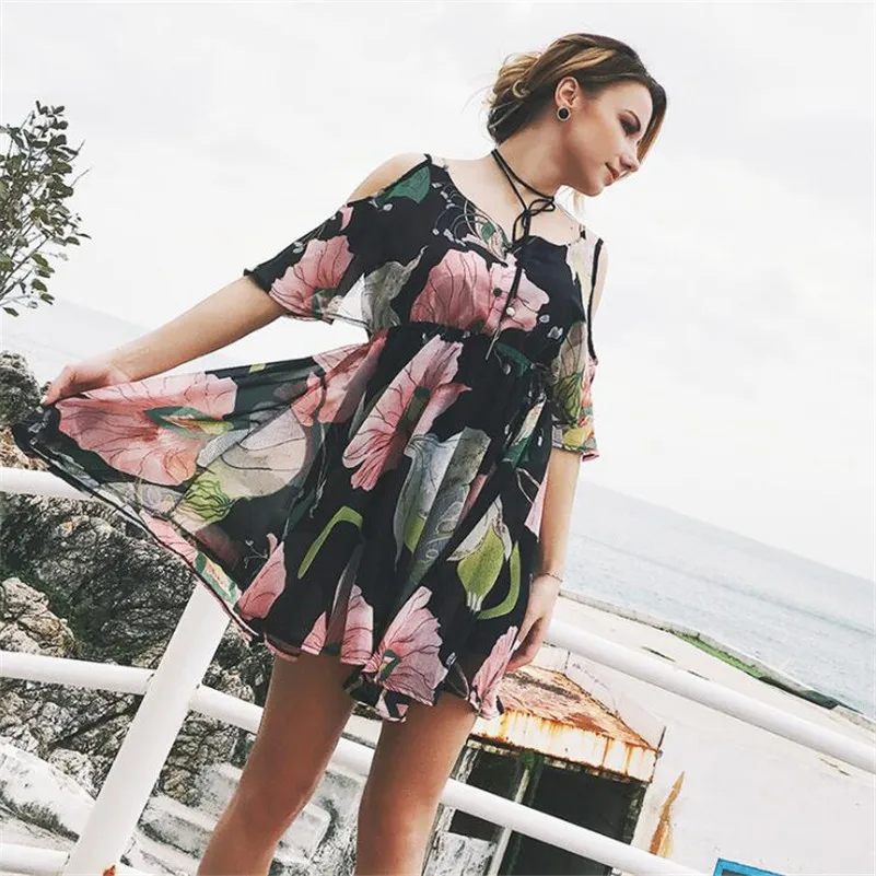 Casual Beach Vacation Dress Cold Shoulder Ruffle Print Summer Dress Women High Waist Strap Chiffon Dress Party Sexy dresses (3)