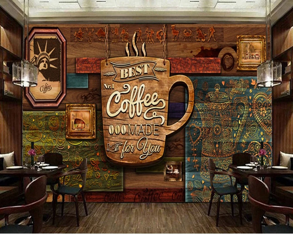 カスタム食品店壁紙 木目コーヒー 3dレトロ壁画のレストランカフェホテル背景壁pvc壁紙 Coffee Pattern Wallpaper Patternmural 3d Aliexpress