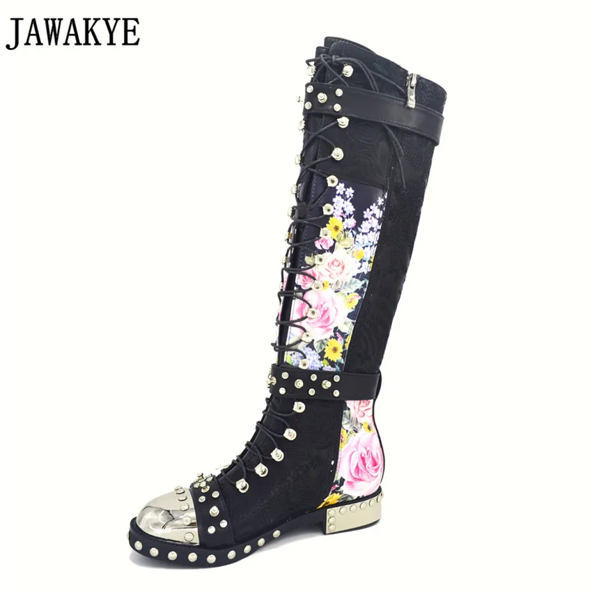 black Cuero Tachonado Impreso black Remaches Printed Motocicleta Bordado Correa Hebilla Atado Flores Flower Largo Cruz pink White Jawakye Feminina Botas Bota De qCB4Txxw