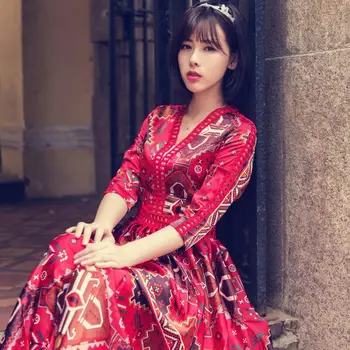 

Retro High Waist Holiday Dress Red V Neck Long Maxi Geometric Patterns Printing Vintage Casual Boho Bohemian Floral dresses