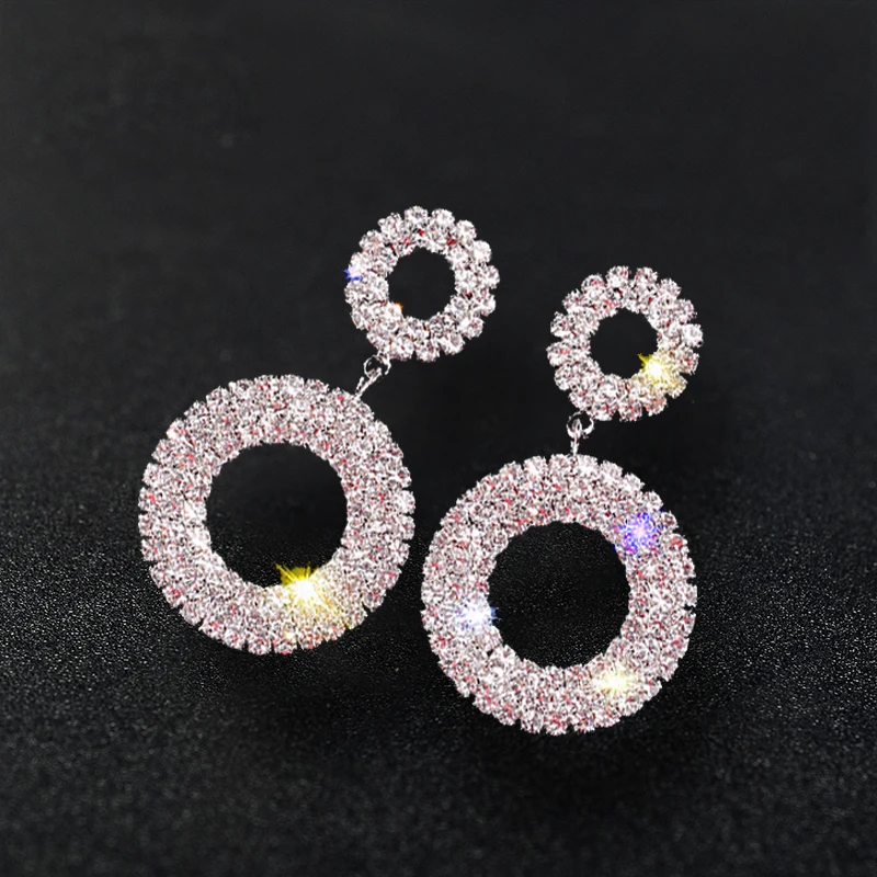 

Fashion Full Rhinestone Double Round Geometric Drop Big Circle Earrings For Women Jewelry Silver Gold Color Girls Earring