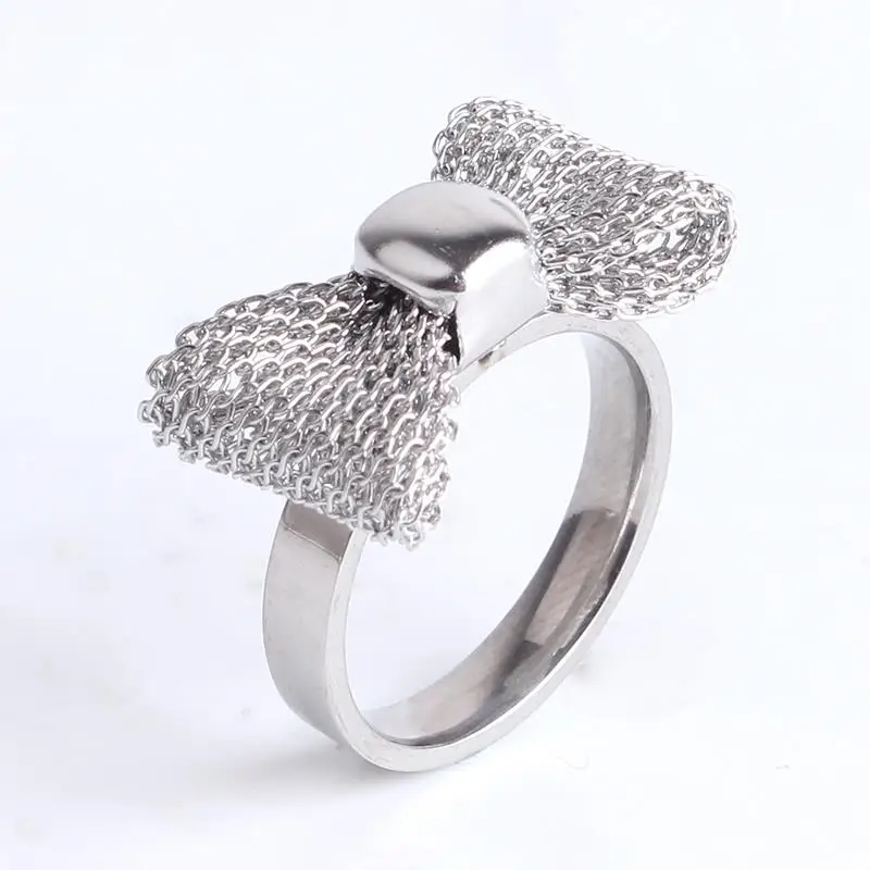 Silver Mesh bow tie 316L Stainless Steel finger rings for women