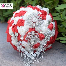 Красный и белый Букеты Свадебные Роскошный Кристалл Бисер ручной работы Шелковый цветок розы свадебные букеты ramos de novia
