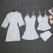 Весенний сексуальный халат кимоно пижамы наборы для женщин 4 шт. ремень топ брюки костюм Повседневная Домашняя одежда пижамы ночное банное платье M-2XL