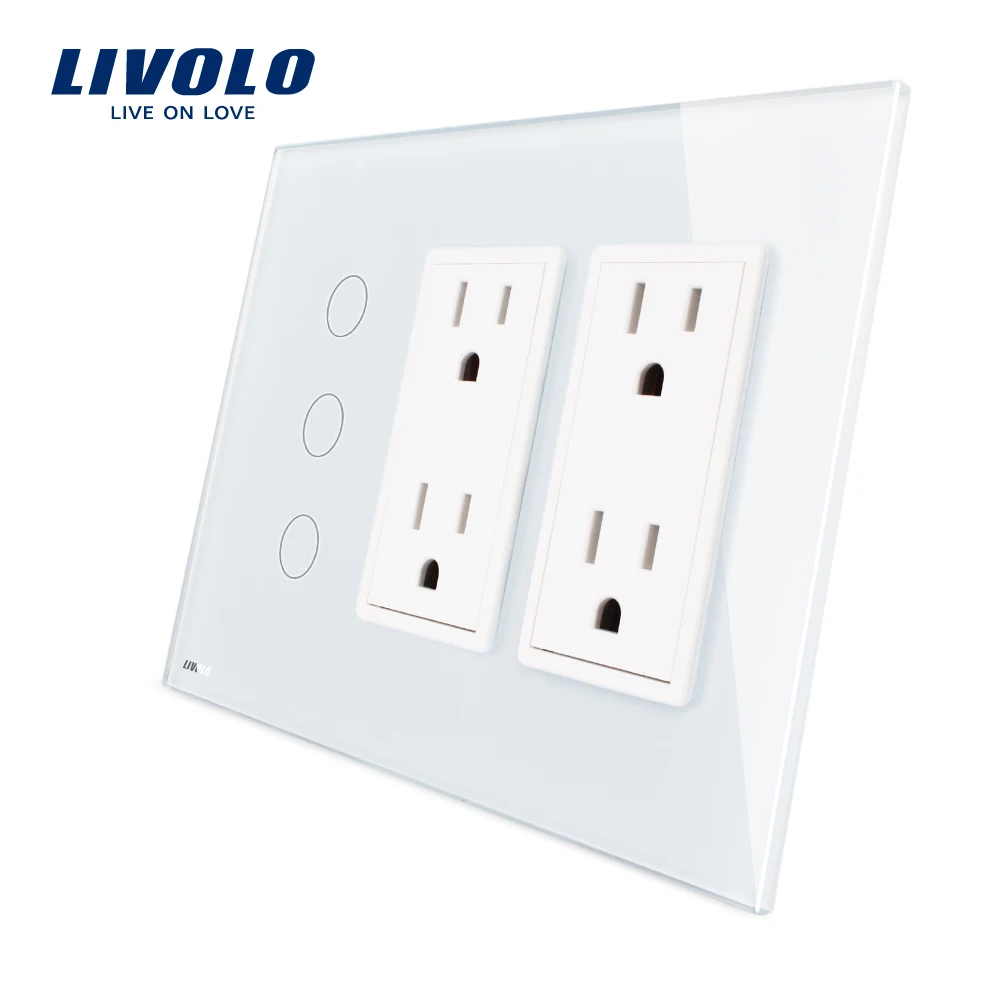 

Livolo US standard Vertical, 3Gang+double US Socket(15A) , Luxury White Crystal Glass, VL-C503-11/C5C4US-11