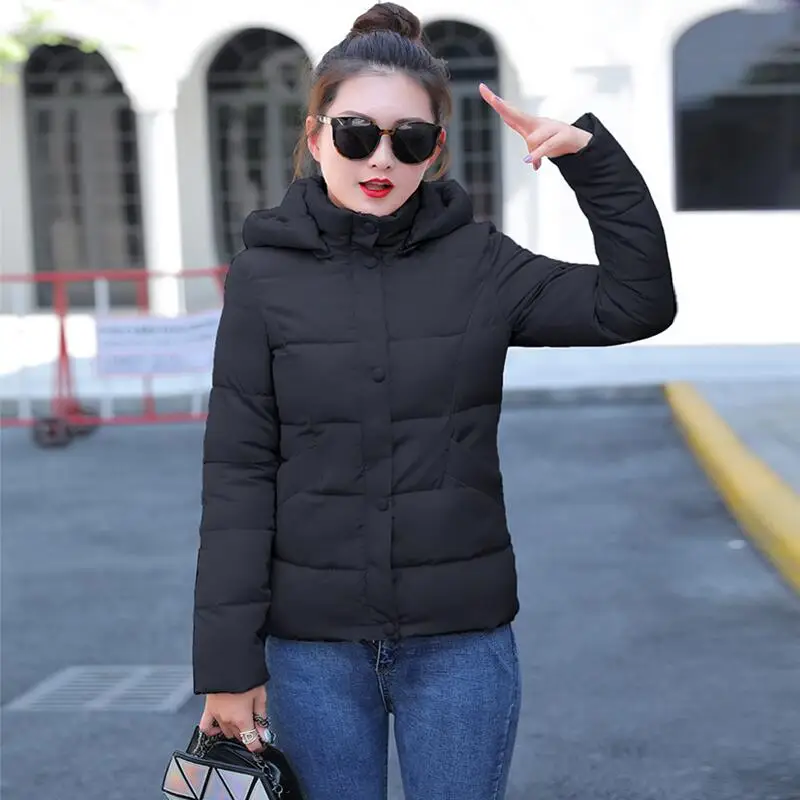 Зимняя женская куртка размера плюс, женские парки, плотная верхняя одежда, одноцветные пальто с капюшоном, короткие женские тонкие базовые Топы с хлопковой подкладкой - Цвет: Черный