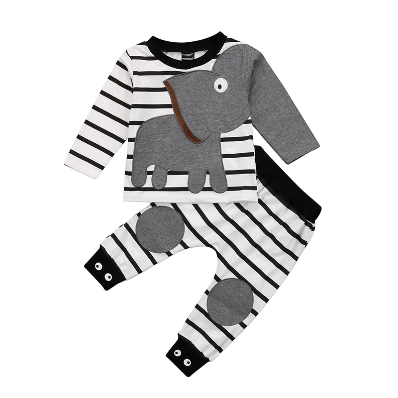 

1-6Y Children Kids Boy Girl Elephant Outfits Long Sleeve T-shirt Tops Striped Pant Trouser 2PCS Toddler Baby Clothing Set