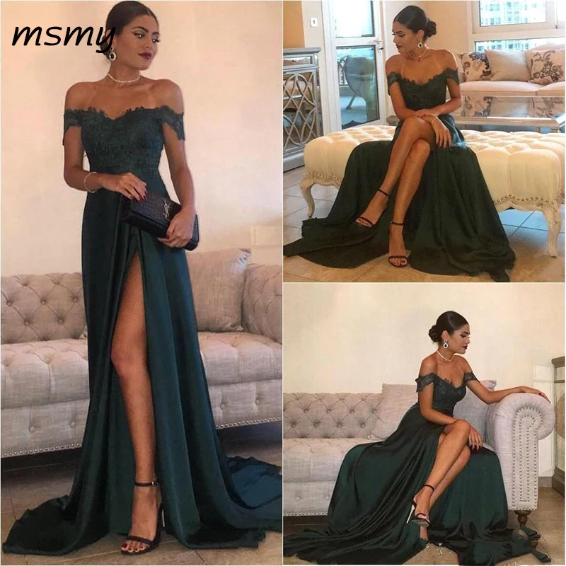 

Dark Green 2019 Sexy Evening Dresses A Line Off Shoulder Lace Appliques High Side Split Elegant Long Prom Dress Formal Gown