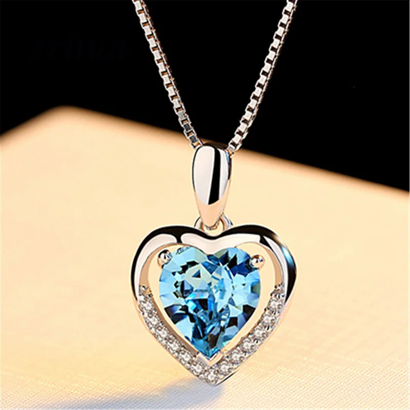 

ZRHUA S925 Sterling Silver Heart Pendant Necklace For Women Red/Blue Zircon Jewelry High Quality Crystal bijoux femme Love Gift