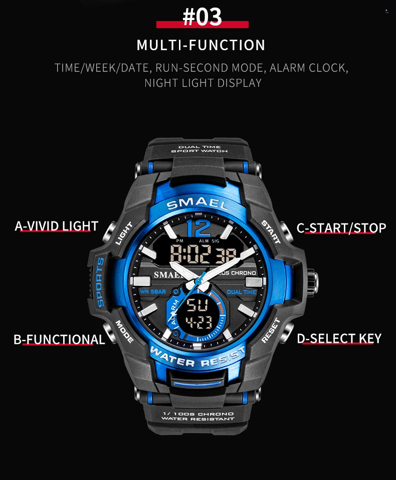 SMAEL мужские спортивные часы водонепроницаемые 50 м наручные часы Relogio masculino Militar мужские часы цифровые военные армейские 1805