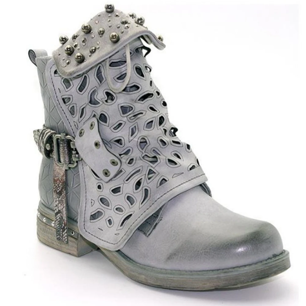 

New Women Pu Shoes Hollow Carved Cuffed Short Tube Rivet Belt Buckle Martin Boots Rivet Round Toe Ankle Motorcycle Boots