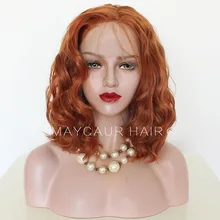 Maycaur Orange Color Front Lace Bob Wigs Glueless Short Wavy Hair Synthetic Lace Front Wigs for Black Women 14 Inch