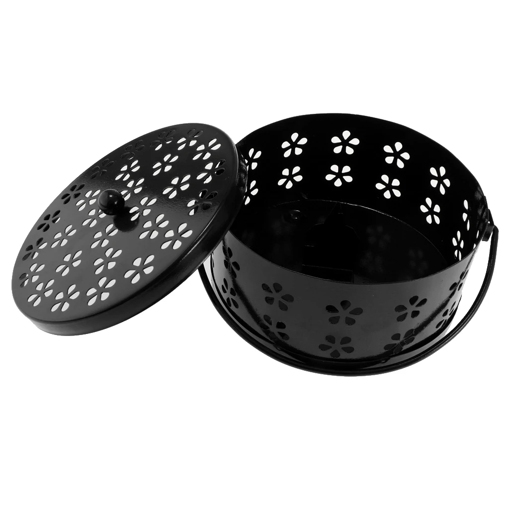Retro Hollow Out Mosquito Coil Holder Handle Box for Teahouse Home Black