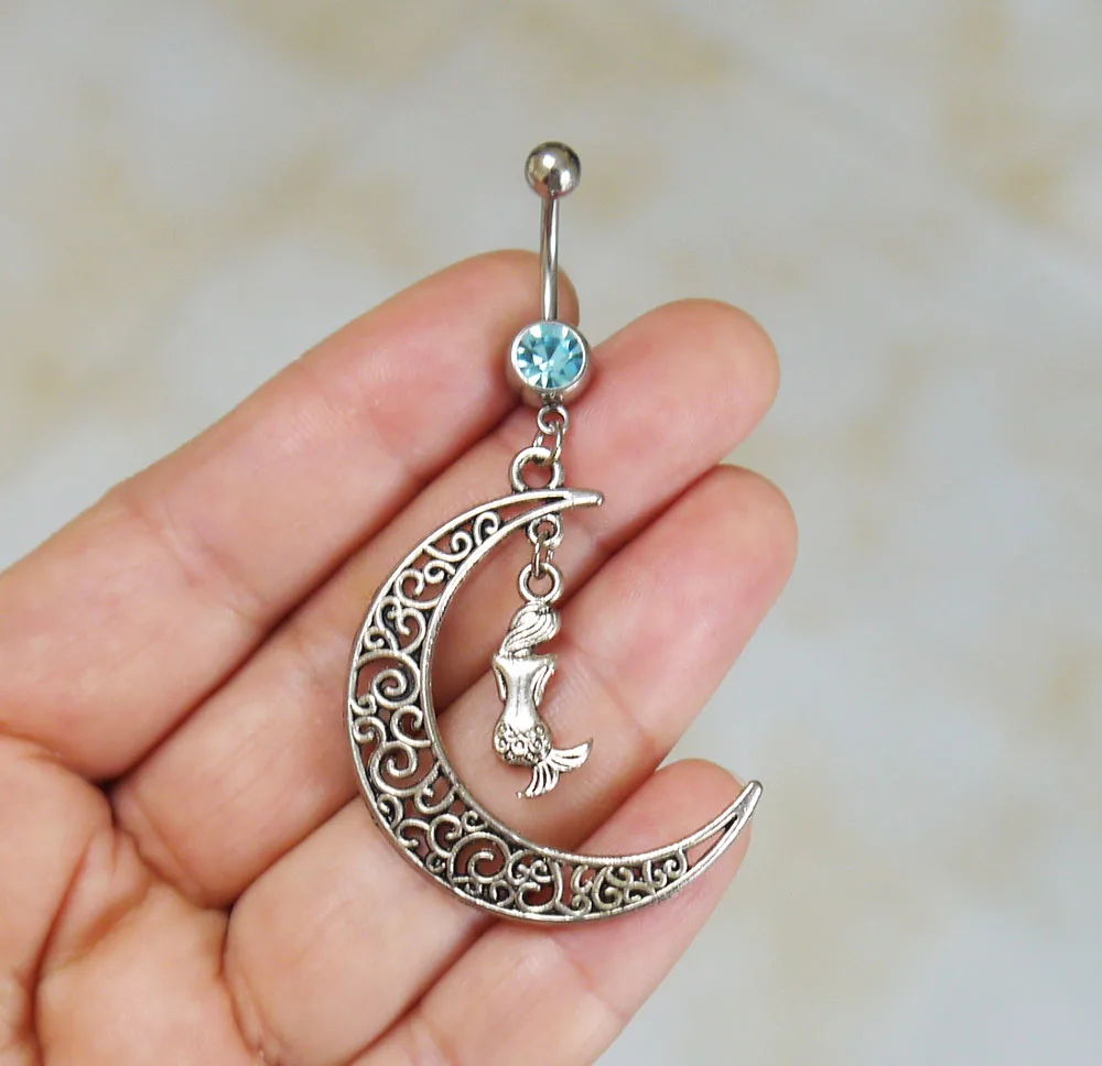

2pcs Moon Charm Belly Button rings, Mermaid Belly Ring, Navel Rings, Navel Piercing,316L Surgical Steel Pircing