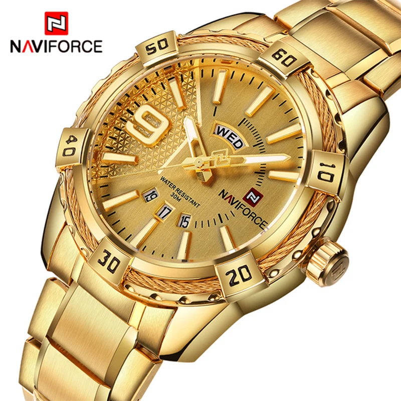 Часы наручные NAVIFORCE Мужские кварцевые роскошные Брендовые спортивные золотистые