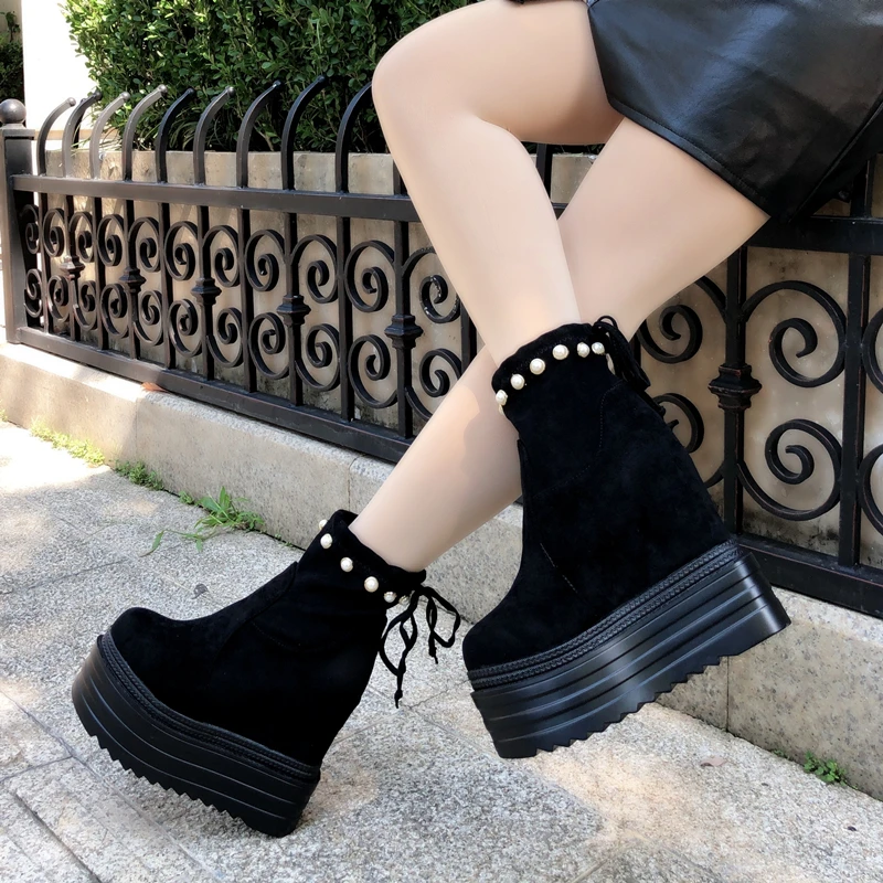 

2018 winter new female Martin boots British wind increased 14CM high heel platform boots fashion plus velvet women's shoes