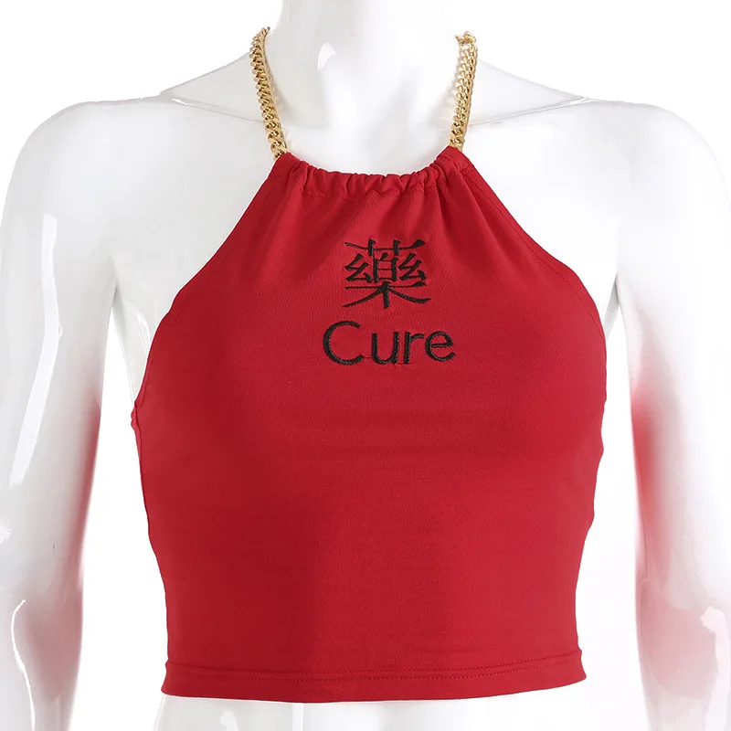 Новая блуза на бретелях вышитая буква Cure китайская женская майка крутая девушка сексуальная мода лето живот укороченный Топ