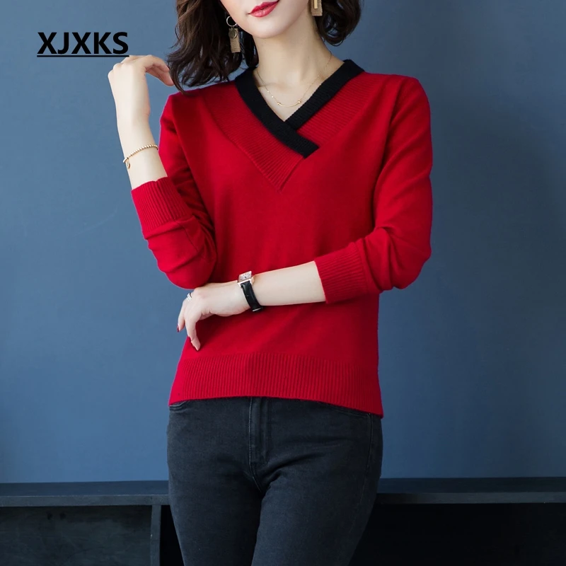 XJXKS, шерстяные свитера, высокое качество, женский джемпер, женский свитер, осенняя и зимняя одежда, Женский пуловер, Befree, Однотонный свитер - Цвет: Красный