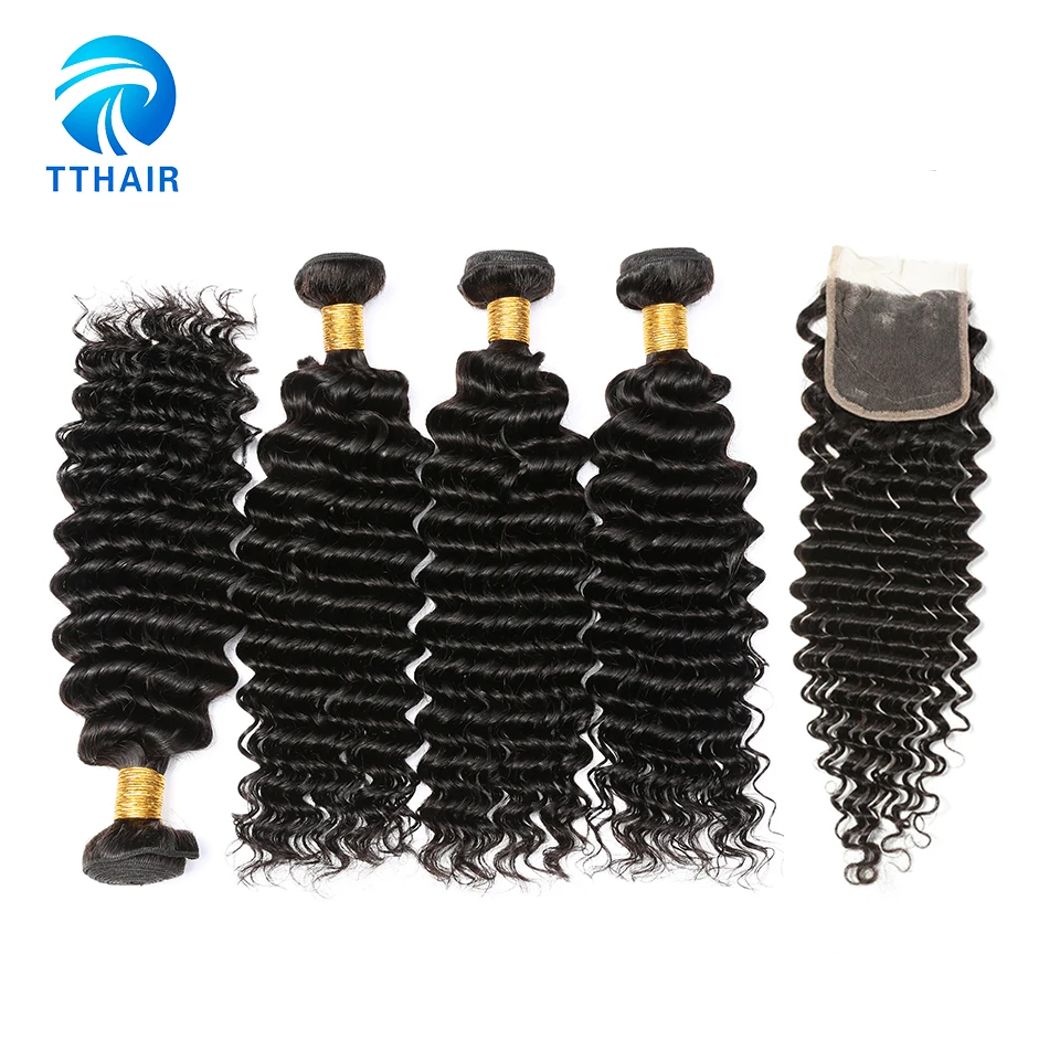 

Deep wave 4 Bundles With Closure Weave Peruvian Human Hair Extensions Remy Hair Weave Bundles Cheap 4 Pcs Color