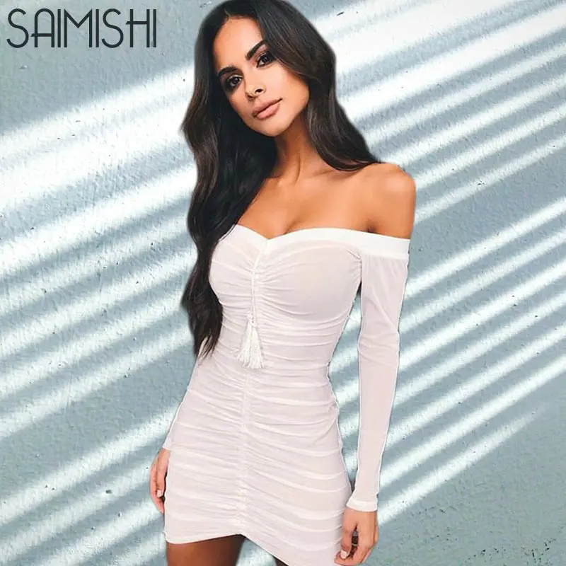 

Saimishi Sexy White Off Shoulder Bandage Dress Women 2019 Summer Drawstring Ruched Long Sleeve Bodycon Ladies Mini Party Dresses