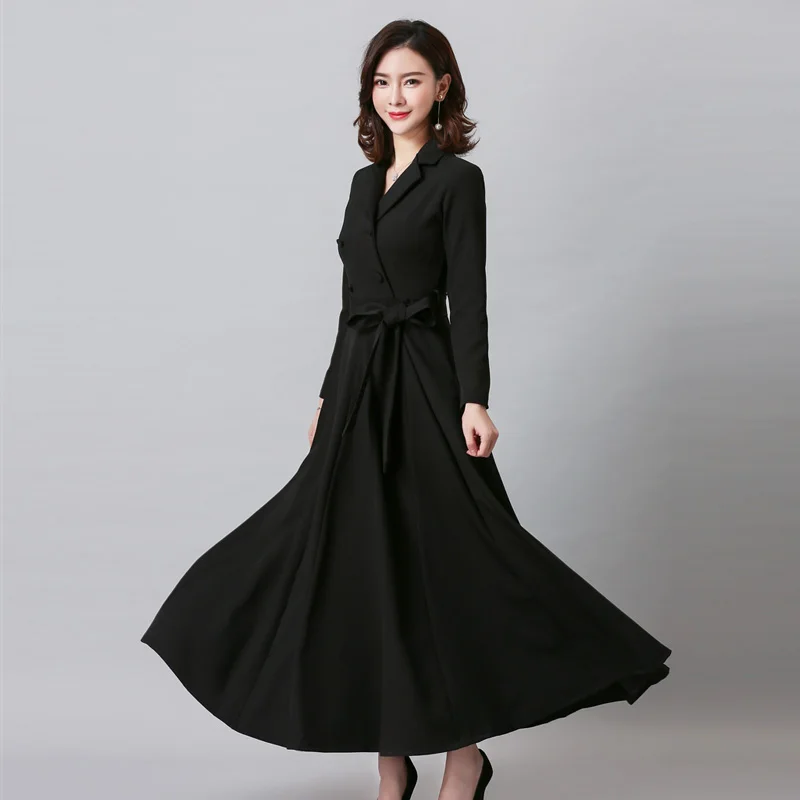 

New Women's Coat Spring 2019 Fashion Solid color Jacket Dress Long Outerwear Female Red Slim Tie temperament Dress casacos femin