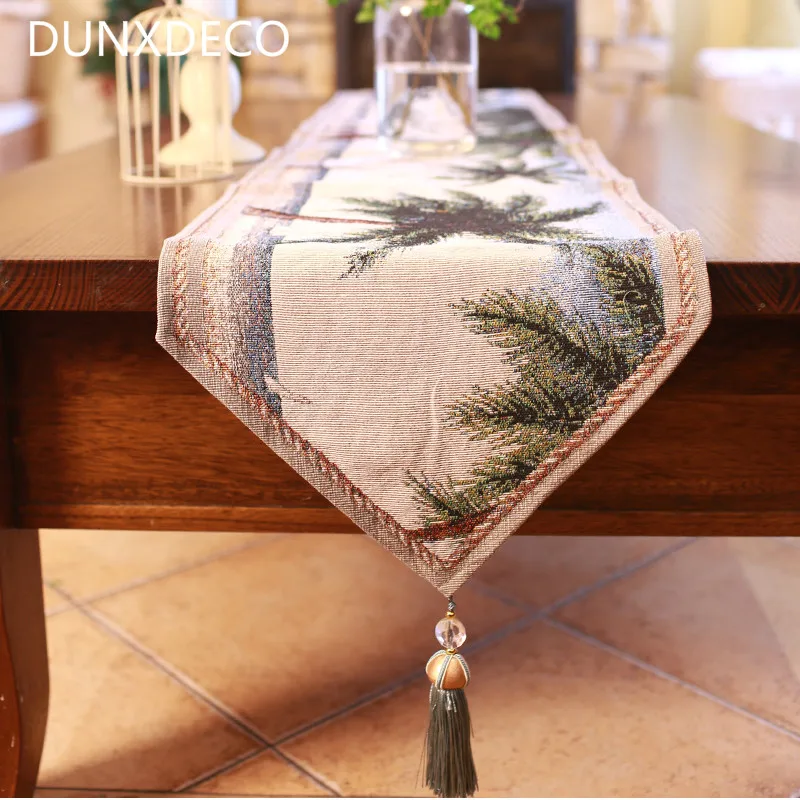 DUNXDECO Table Runner Linen Cotton Jacquard Tablecloth Summer Sea