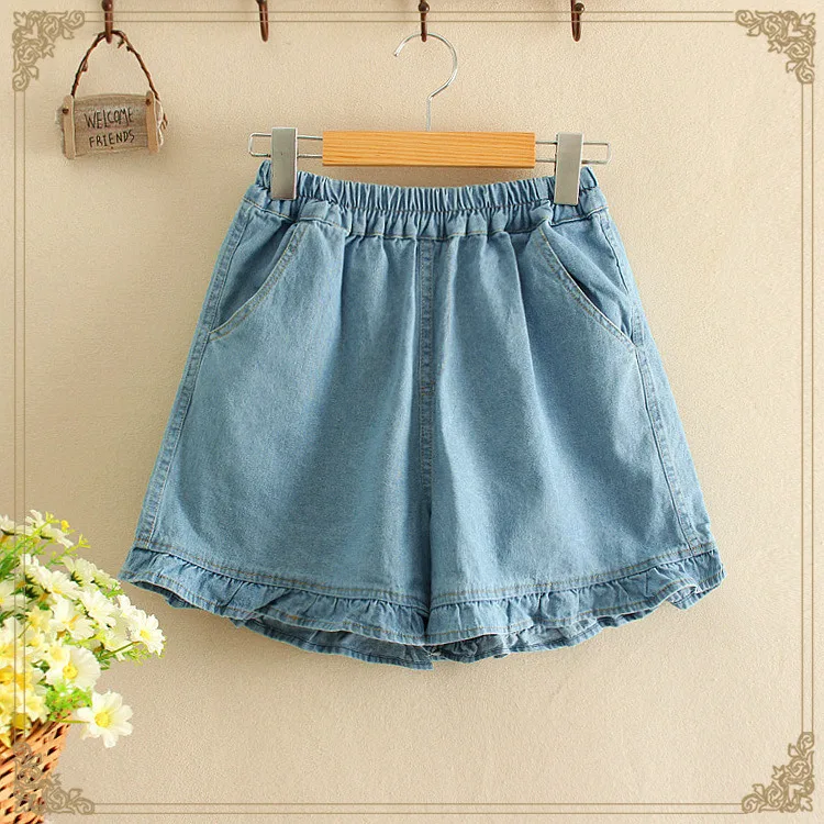 Preppy Style Loose Elastic Waist Denim Shorts Mori Girl Ruffles Shorts Cowboy Jeans Blue Denim