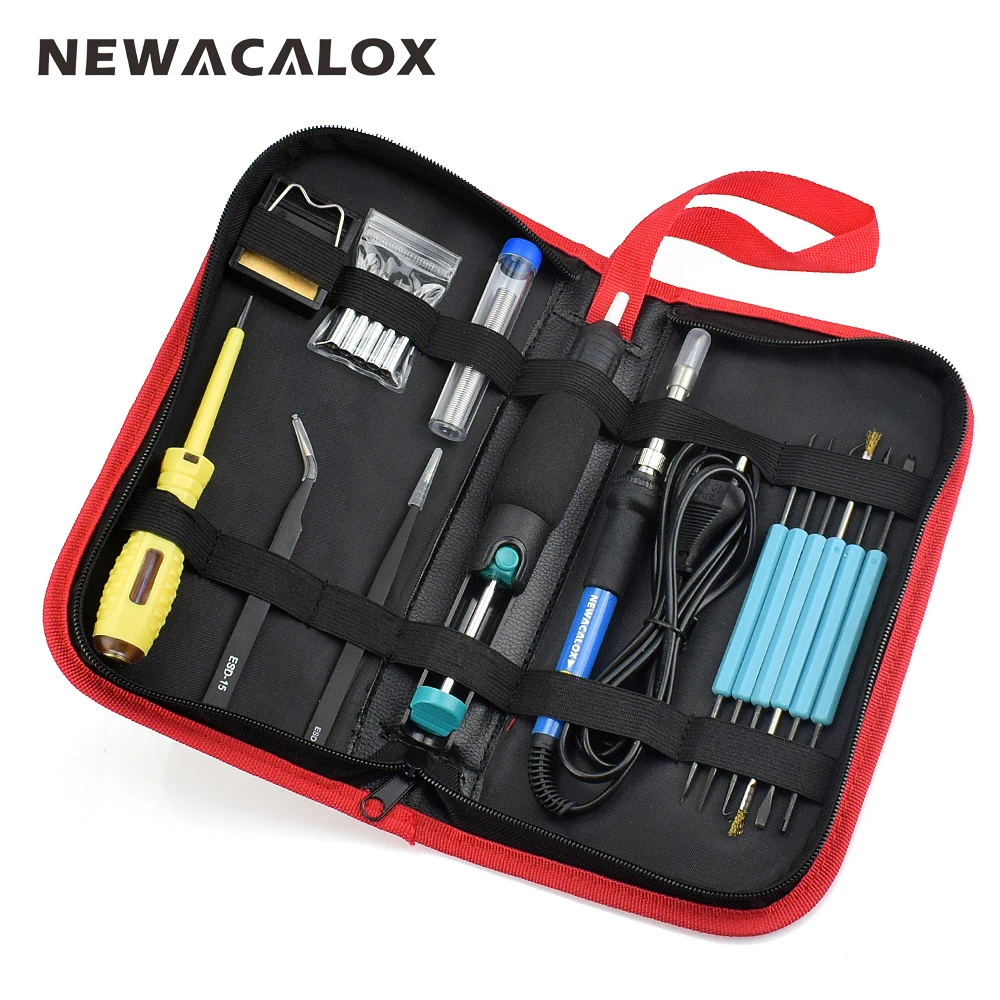 NEWACALOX EU 60W 220V Adjustable Temperature Electric Soldering Iron Kit Welding BGA Repair Tool Bag Set Solder Wire Test Pencil