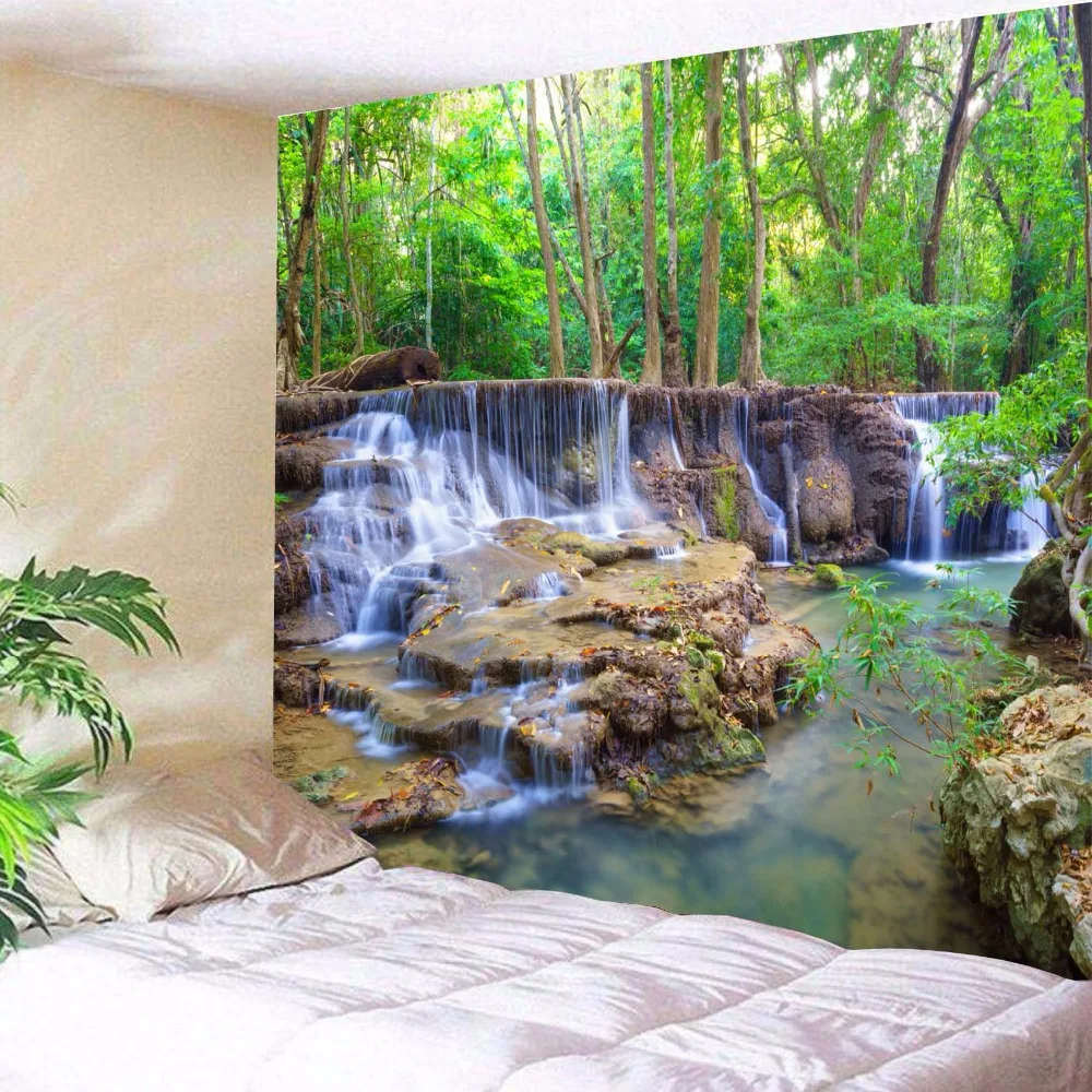 Forest Beautiful Waterfall Hd Scenery Polyester Mountain
