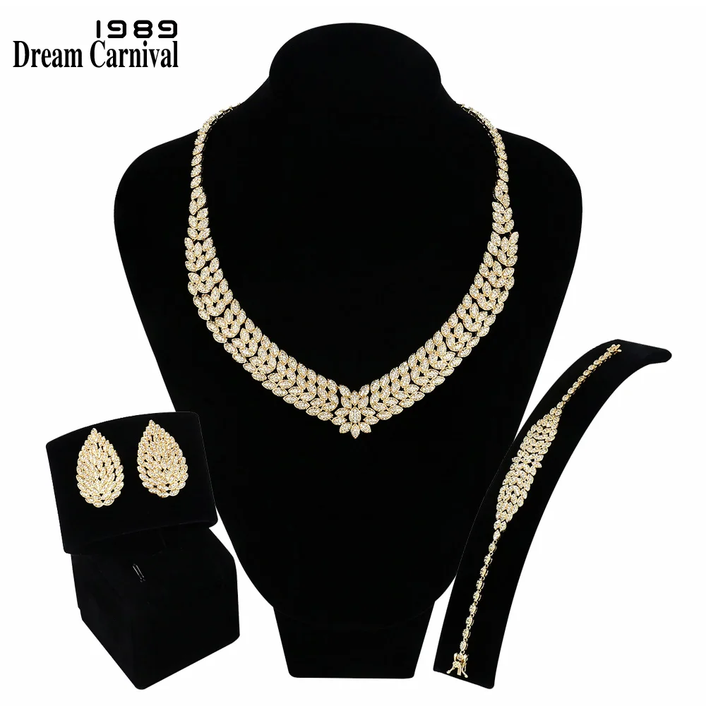 

DreamCarnival 1989 Pretty Leaves Design Saudi Ladies Big Wedding Bridal White CZ Necklace Earrings Bracelet 3pcs Set SN04236