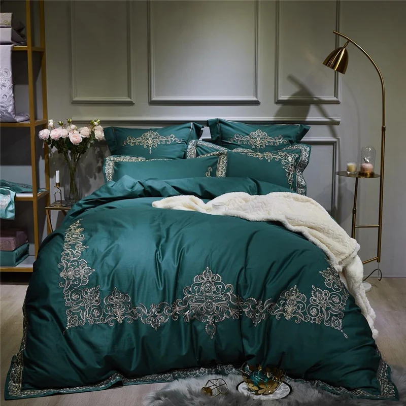 

Luxury Royal Embroidery Green Purple Pink Blue Gray 100S Egyptian Cotton Palace Bedding Set Duvet Cover Bed Sheet Pillowcases