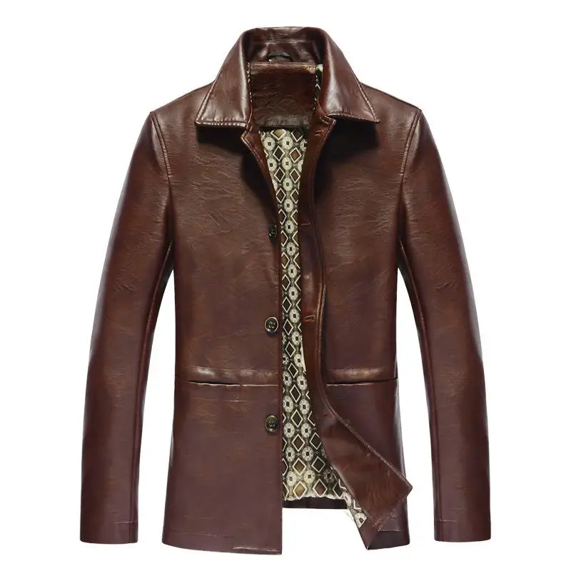 MSAISS новая зимняя Мужская Мода Cultivate One's Morality Бизнес кожаная куртка высокое качество человек с Теплая куртка - Цвет: Коричневый