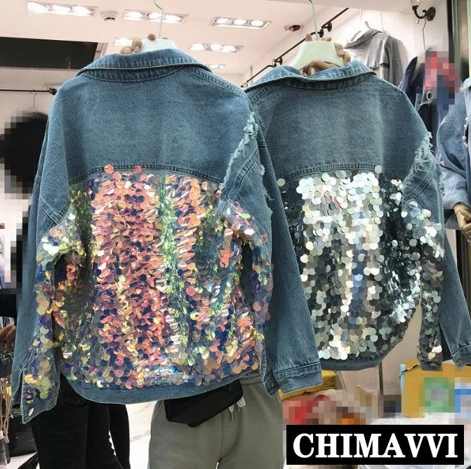 

2019 Spring and Autumn European Loose Jeans Coat Women Retro Ripped Back Full Sequins Cowboy Jacket Student Denim Coats