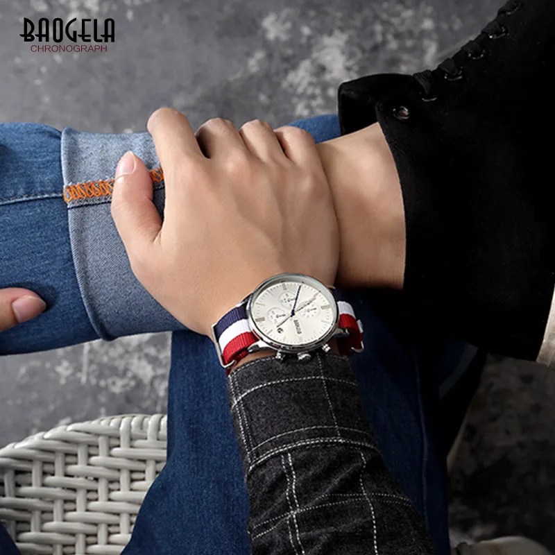 Günstige BAOGELA männer Klassische Armbanduhr Quarz Chronograph Armee Stop Uhr Mann Uhr Relogios Masculino Leinwand Strap 1611LBH GB