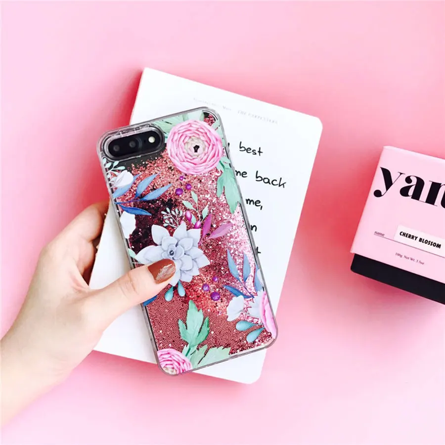 Nice Vintage Fashion Floral Dynamic Glitter Liquid Pink Quicksand Hard