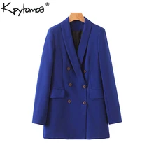 Винтажный стильный двубортный офисный женский пиджак, модная верхняя одежда с длинным рукавом и карманами, повседневная женская одежда