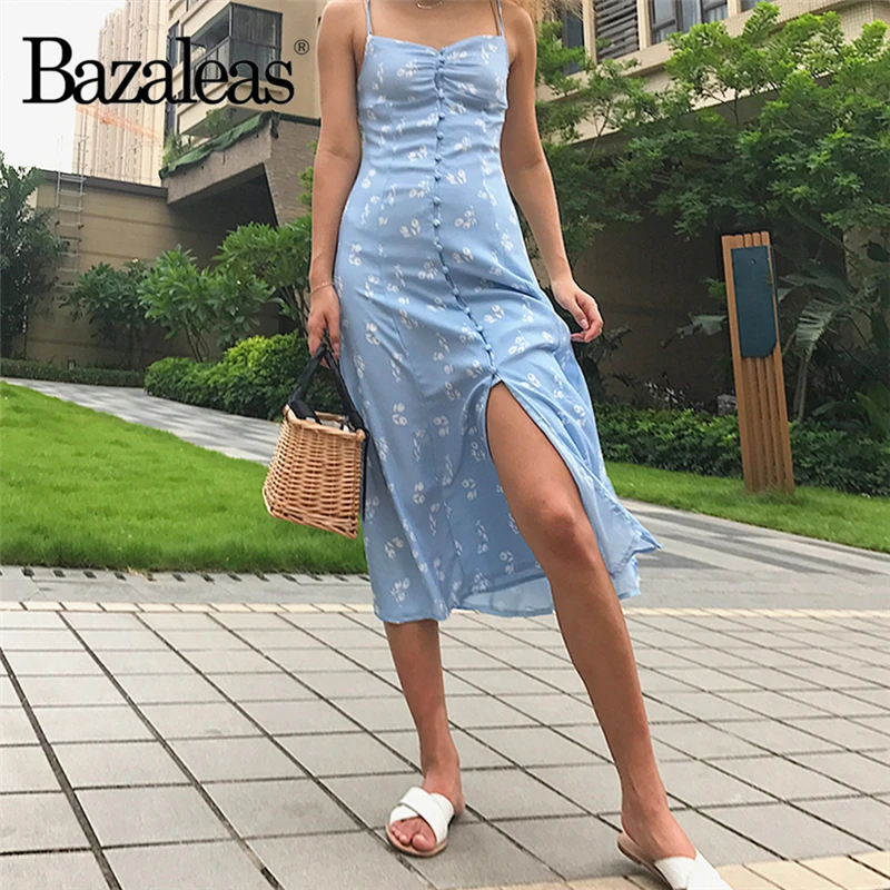 Bazaleas, винтажные женские платья на пуговицах, высокое качество, шифоновое женское платье средней длины, праздничное платье без рукавов, синее платье с цветочным рисунком