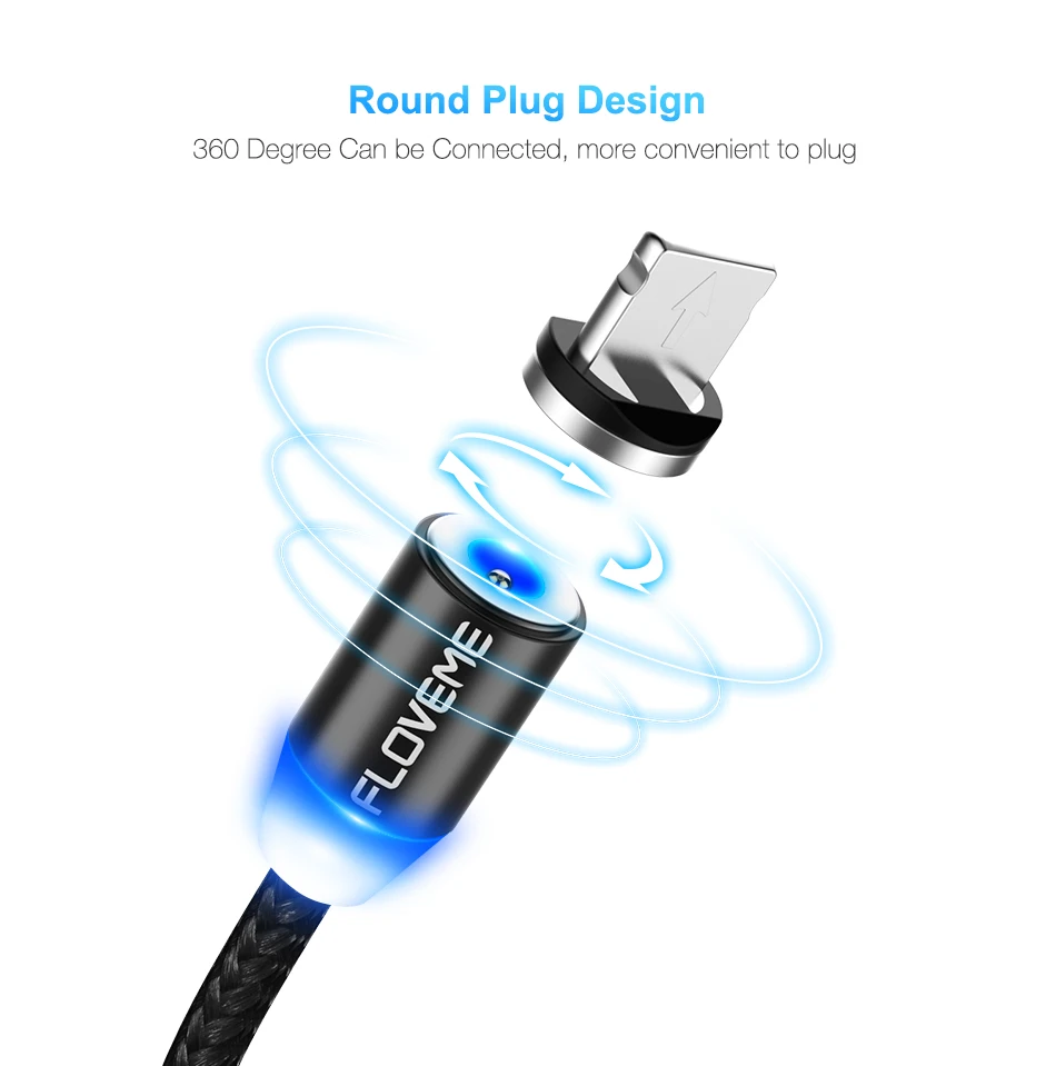 Magnetic Micro USB Cable 1m Braided Mobile LED Type C