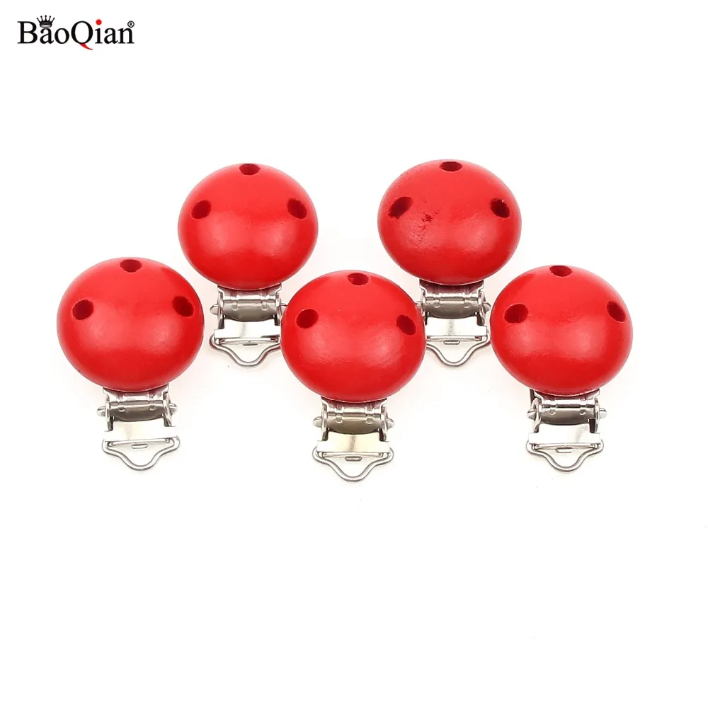 

5Pcs Red Wooden Metal Baby Dummy Pacifier Clips Holders Round Clasps Suspender Garment Accessories Plastic Insert 29x45mm