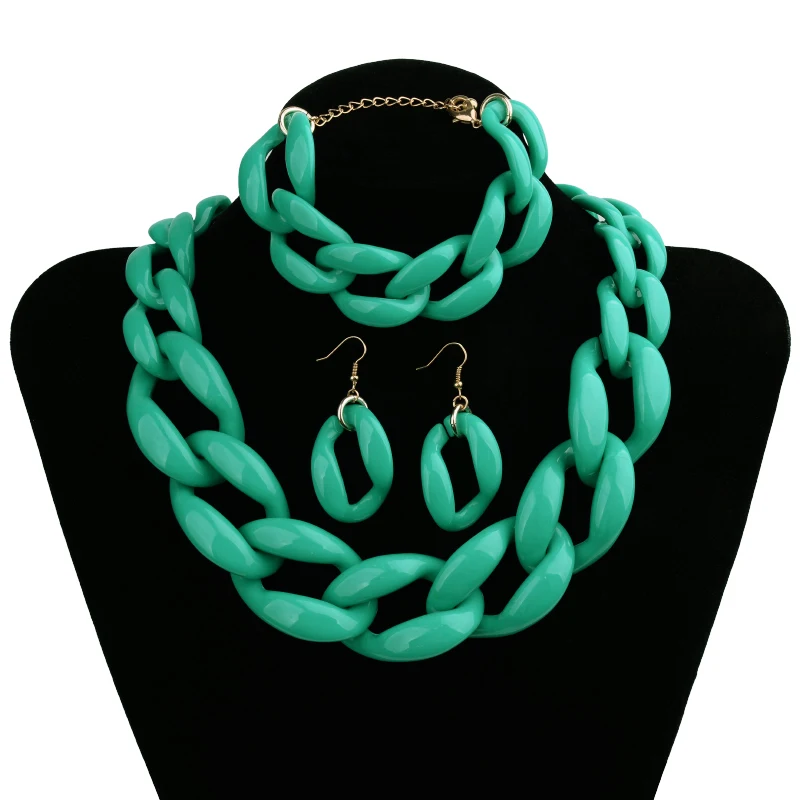 12 цветов, модный акриловый массивный ювелирный набор для женщин, бохо короткое ожерелье, браслет, серьги, свадебный ювелирный набор JLS003 - Окраска металла: 9-Green