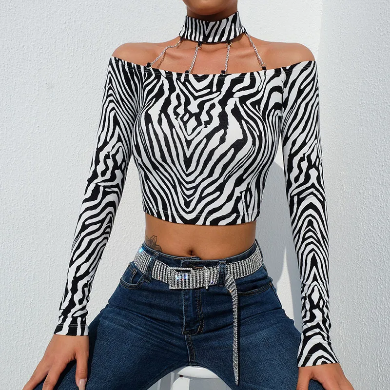 

Women's T Shirts 2019 New Zebra Print Long Sleeve Hanging Neck Chain Slim T-shirt Female Slash Neck Sexy Short Tops Women