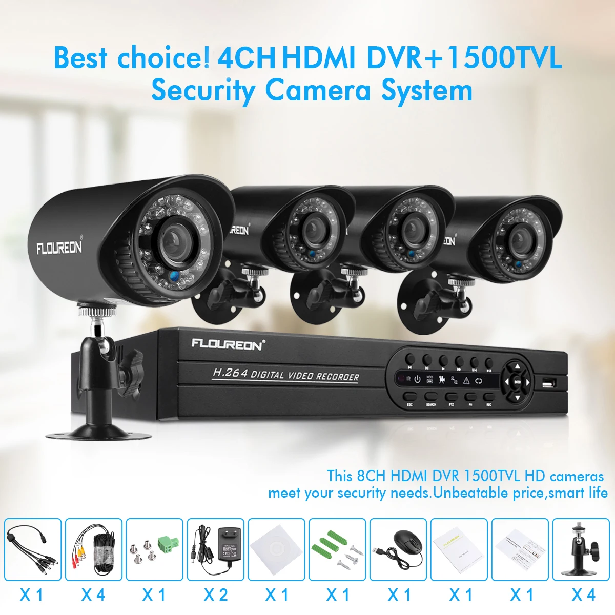 FLOUREON 4CH CCTV системы 1080N 5in1 AHD DVR 4 шт. 1500TVL 720 P Всепогодный Безопасности камера комплект товары теле и видеонаблюдения