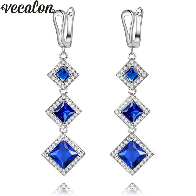 

Vecalon 4 colors Lady Dangle earring Princess cut AAAAA Zircon Cz 925 Sterling silver Party wedding Drop Earrings for women Gift