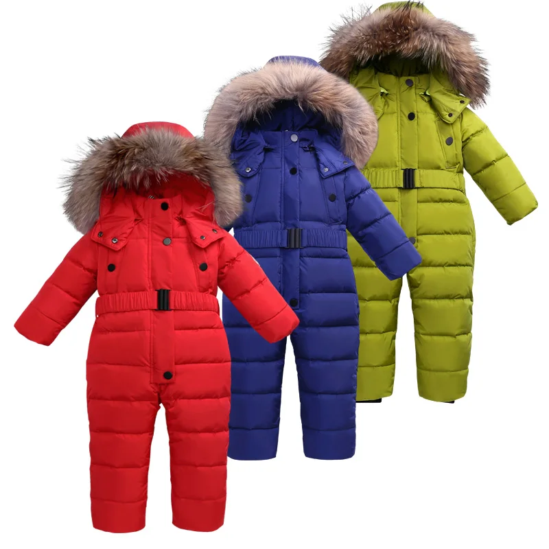 

3~6T Russian Winter Baby Down Romper Girl Snowsuit Catsuit Overalls for Boy Kids Snow Outfit Fur Hood Fleece Rompers Kombenizon
