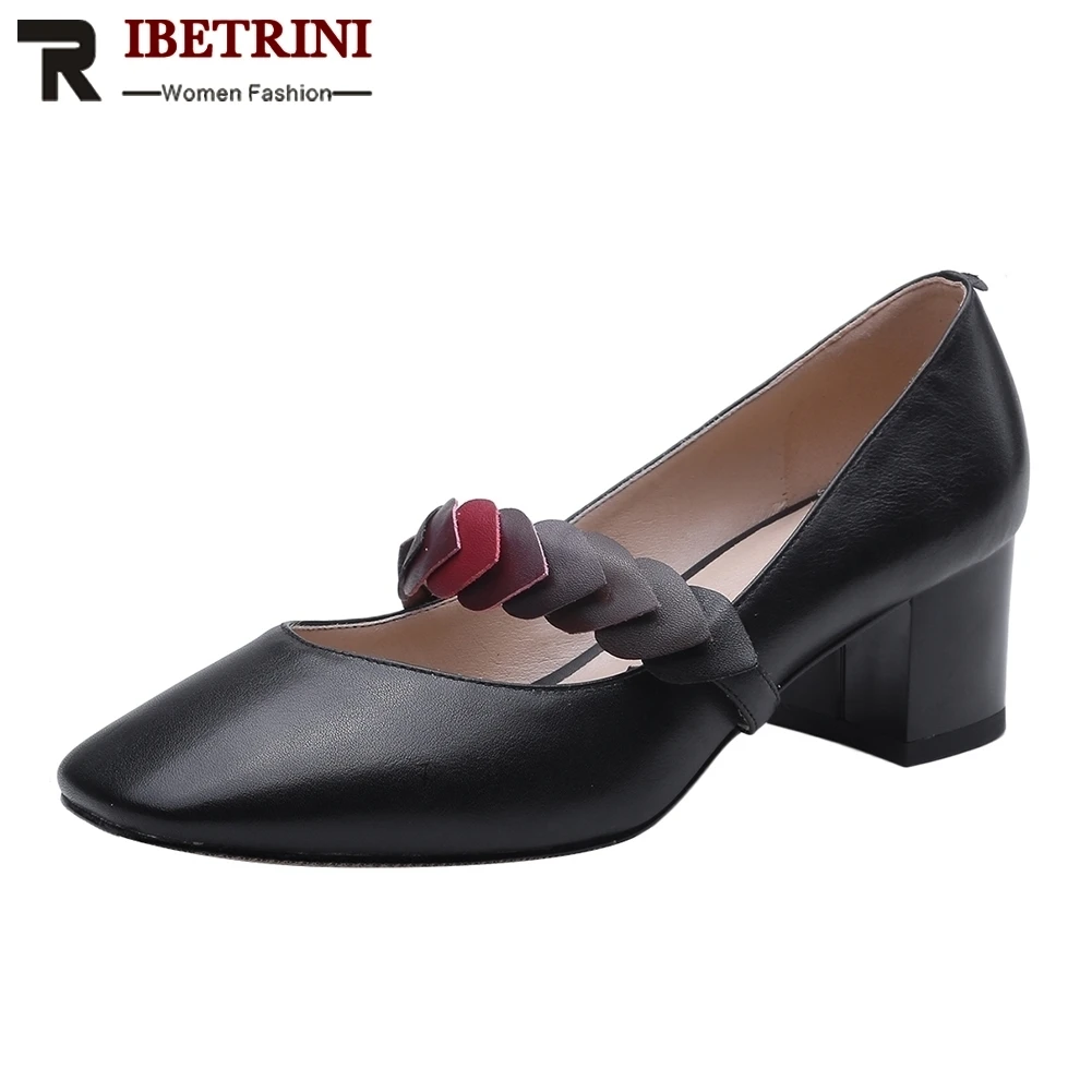 

RIBETRINI Cow Genuine Leather Hot Sale Square Toe Elegant Mary Janes Pumps Woman Shoes Chunky Heels Slip On Shoes Woman Pumps