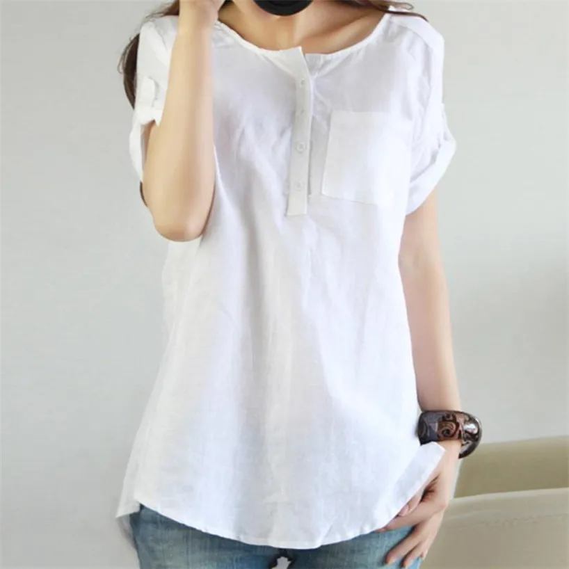 

Women Summer Casual Short Sleeve Loose Cotton Linen Blouse Tops women shirts 2018MAR21 Plus Size oct30