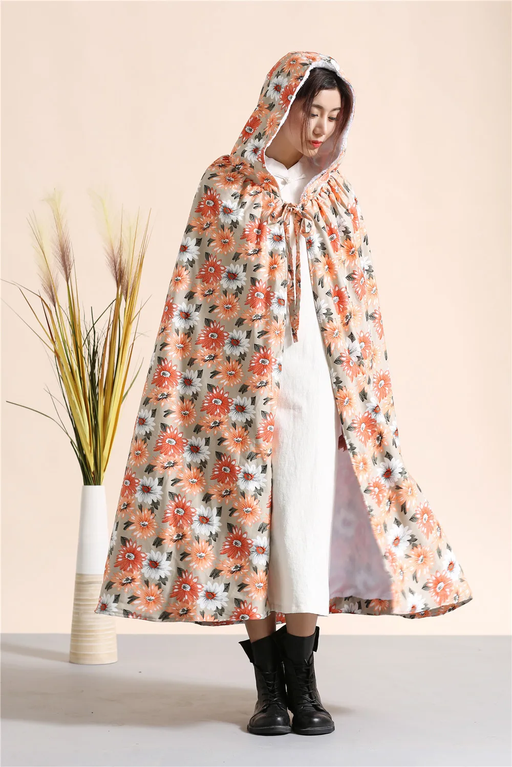 New 2015 Chinese style literary long Hooded Cloak warm flocking dust coat Windbreaker Shawls Winter Poncho