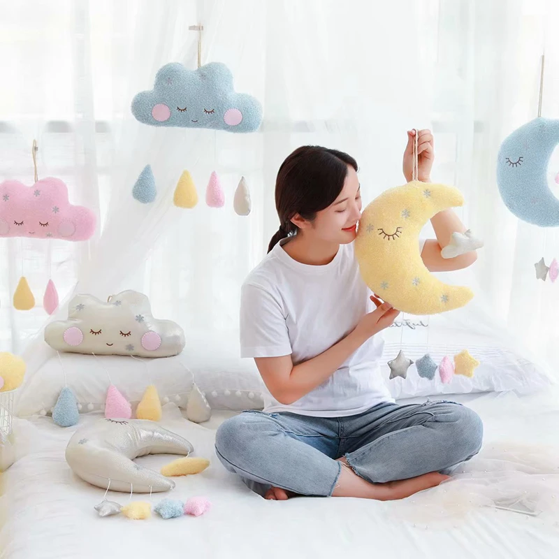 INS Kawaii плюшевая подушка на подтяжках с разноцветными облаками и луной украшение