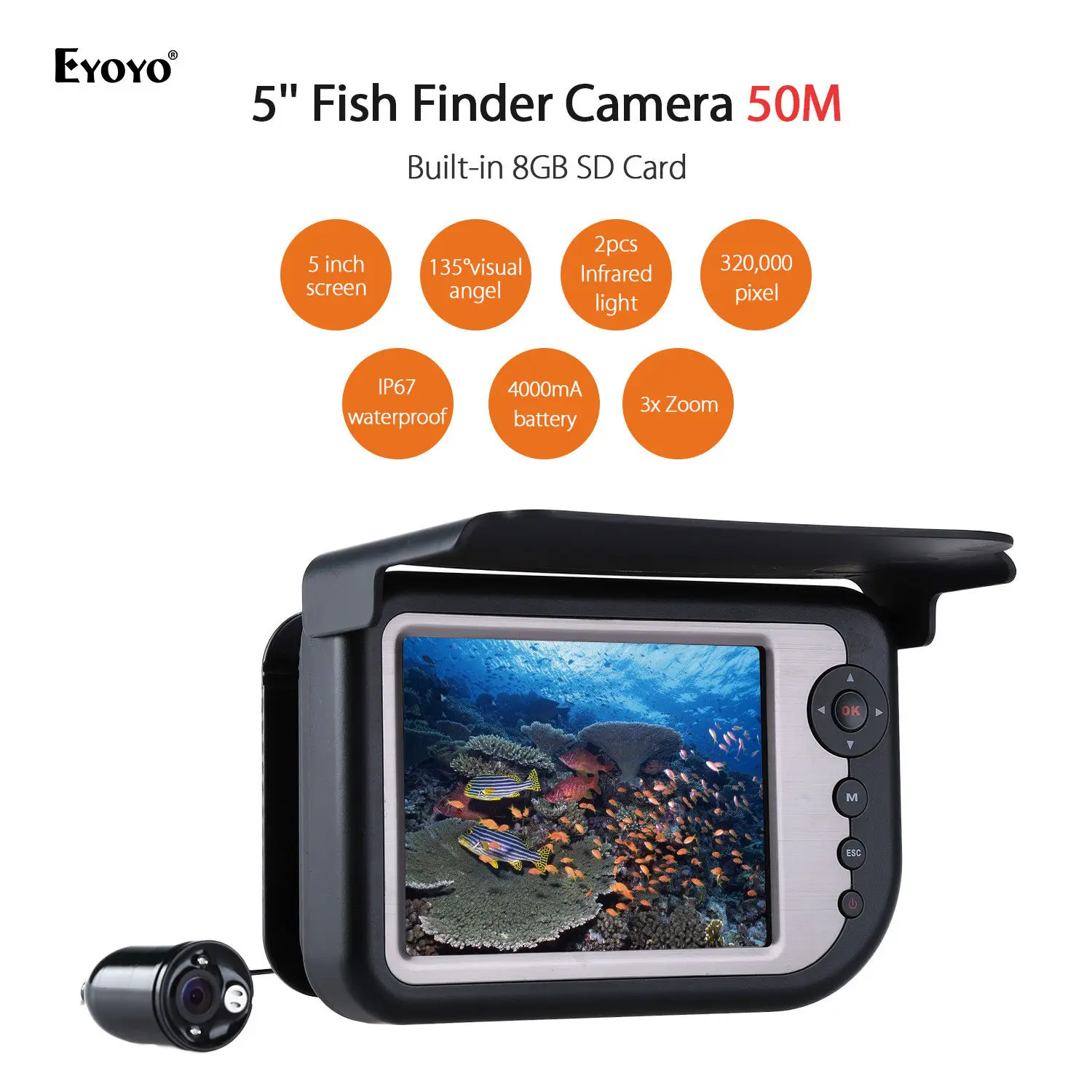 

EYOYO LQ-5050DR 50M 5" Infrared Fishfinder Camera Underwater Fishing DVR LCD Monitor Colour Display 135degree Wide Angle