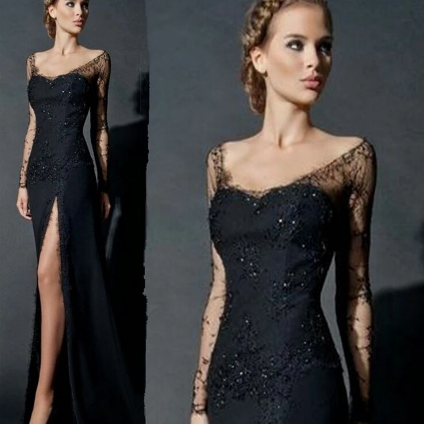 Sexy Side Slit Long Sleeves Lace Evening Dress Black Women Chiffon Formal Lace Evening Gowns China robe de soiree abendkleider